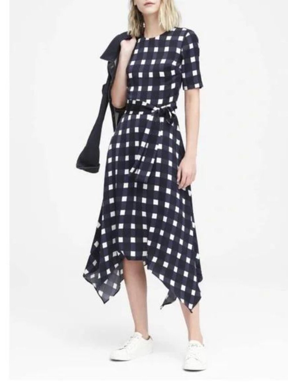 Banana Republic Gingham Dress Size 4 Navy White Check Handkerchief Hem